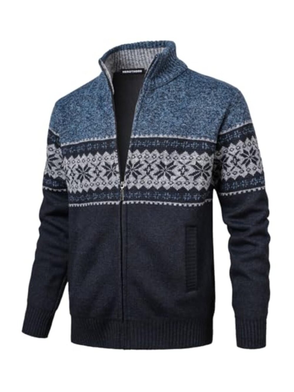 Men's Cable Knit Full Zip Cardigan Fleece Lined Stand Collar Winter Sweater